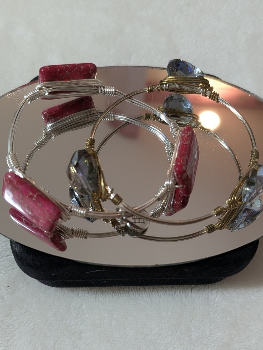 Bourbon and Bowties Pink Jasper & Artisan Swarovski Crystal Heart Bangle Stack